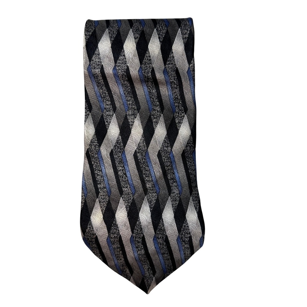 George Machado Necktie Mens OS Grey Black Blue Geometric Chevron Silk 100% USA
